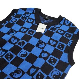 Y2K Forever 21 Mens Sweater Vest Small Checkerboard Blue Black Preppy mistag NWT